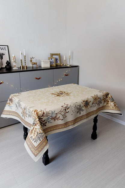 Gold Christmas Tapestry Tablecloth With Christmas Poinsettia Flower Pattern | New Year Festive Textile Set