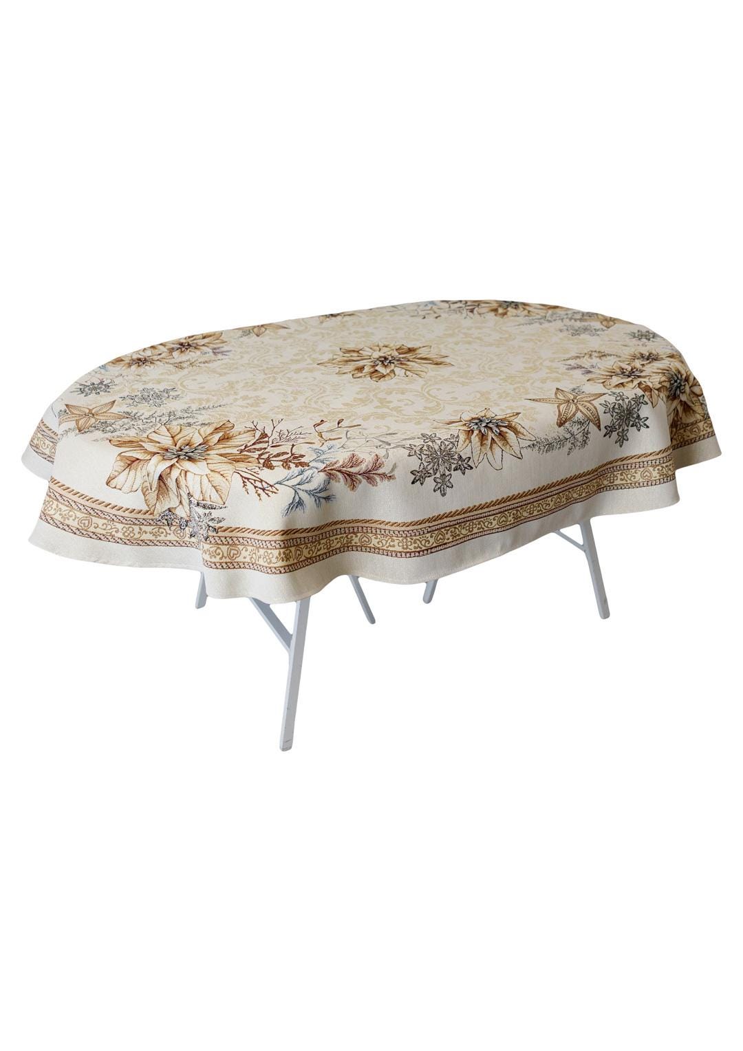 Gold Oval Tapestry Tablecloth With Christmas Poinsettia Flower Pattern | New Year Festive Textile, Winter Holidays Gift