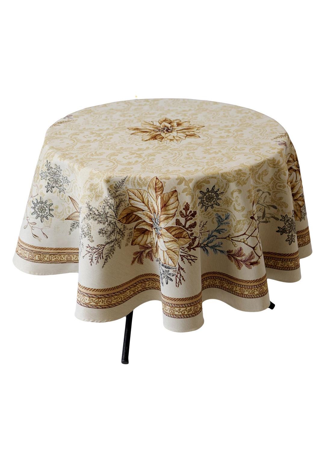 Gold Round Tapestry Tablecloth With Christmas Poinsettia Flower Pattern | New Year Festive Textile, Winter Holidays Gift
