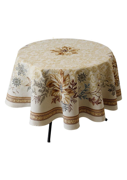 Gold Round Tapestry Tablecloth With Christmas Poinsettia Flower Pattern | New Year Festive Textile, Winter Holidays Gift
