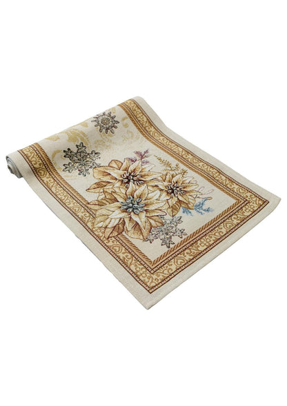 Gold Tapestry Table Runner With Christmas Poinsettia Flower Pattern | New Year Festive Home Decor, Housewarming Gift Idea