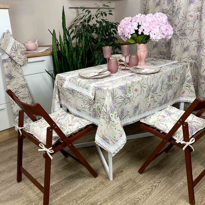 Cotton Tablecloth With Lavender Print And Lace Edging | Floral, Festive Kitchen Textile Set, Home Decor, Housewarming Present Idea