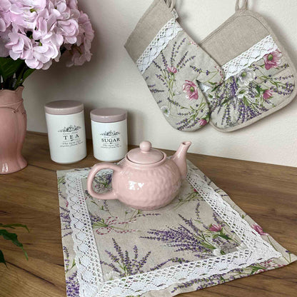Cotton Tablecloth With Lavender Print And Lace Edging | Floral, Festive Kitchen Textile Set, Home Decor, Housewarming Present Idea