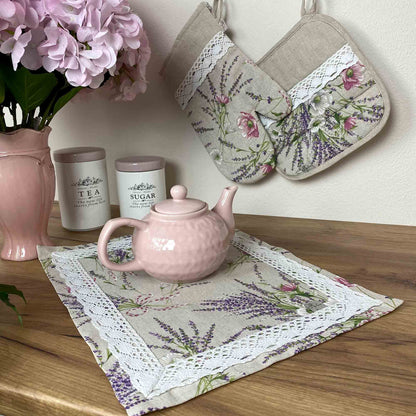 Cotton Tablecloth With Lavender Print And Lace Edging | Floral, Festive Kitchen Textile Set, Home Decor, Housewarming Present Idea