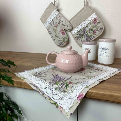 Cotton Tablecloth With Lavender Print And Lace Edging | Floral, Festive Kitchen Textile Set, Home Decor, Housewarming Present Idea