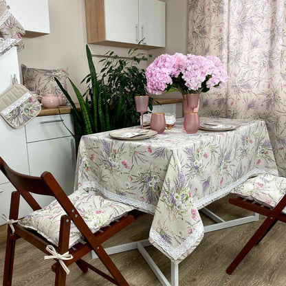 Cotton Tablecloth With Lavender Print And Lace Edging | Floral, Festive Kitchen Textile Set, Home Decor, Housewarming Present Idea