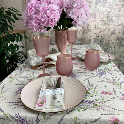 Cotton Tablecloth With Lavender Print And Lace Edging | Floral, Festive Kitchen Textile Set, Home Decor, Housewarming Present Idea