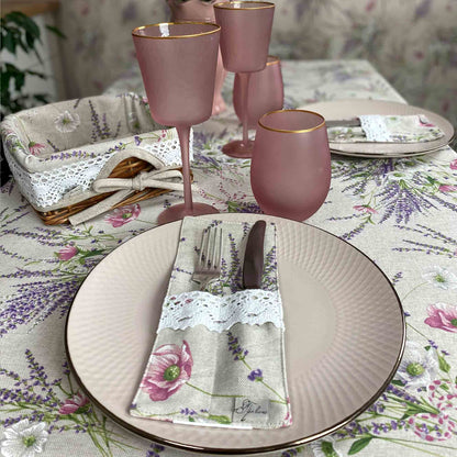 Cotton Tablecloth With Lavender Print And Lace Edging | Floral, Festive Kitchen Textile Set, Home Decor, Housewarming Present Idea