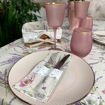 Cotton Tablecloth With Lavender Print And Lace Edging | Floral, Festive Kitchen Textile Set, Home Decor, Housewarming Present Idea