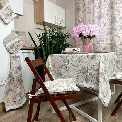 Cotton Tablecloth With Lavender Print And Lace Edging | Floral, Festive Kitchen Textile Set, Home Decor, Housewarming Present Idea