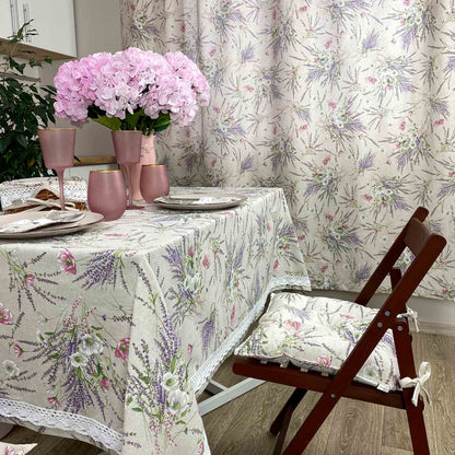 Cotton Tablecloth With Lavender Print And Lace Edging | Floral, Festive Kitchen Textile Set, Home Decor, Housewarming Present Idea