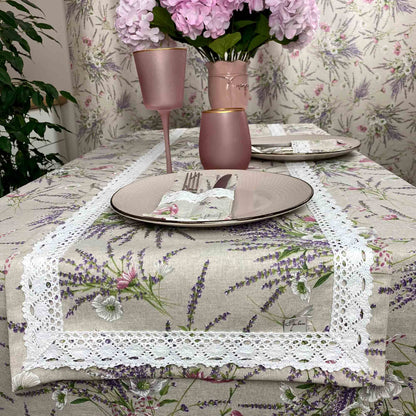 Cotton Tablecloth With Lavender Print And Lace Edging | Floral, Festive Kitchen Textile Set, Home Decor, Housewarming Present Idea