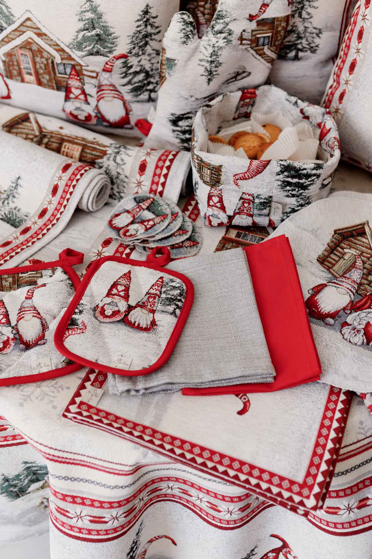 Holiday bread basket and potholders with Christmas gnomes winter print