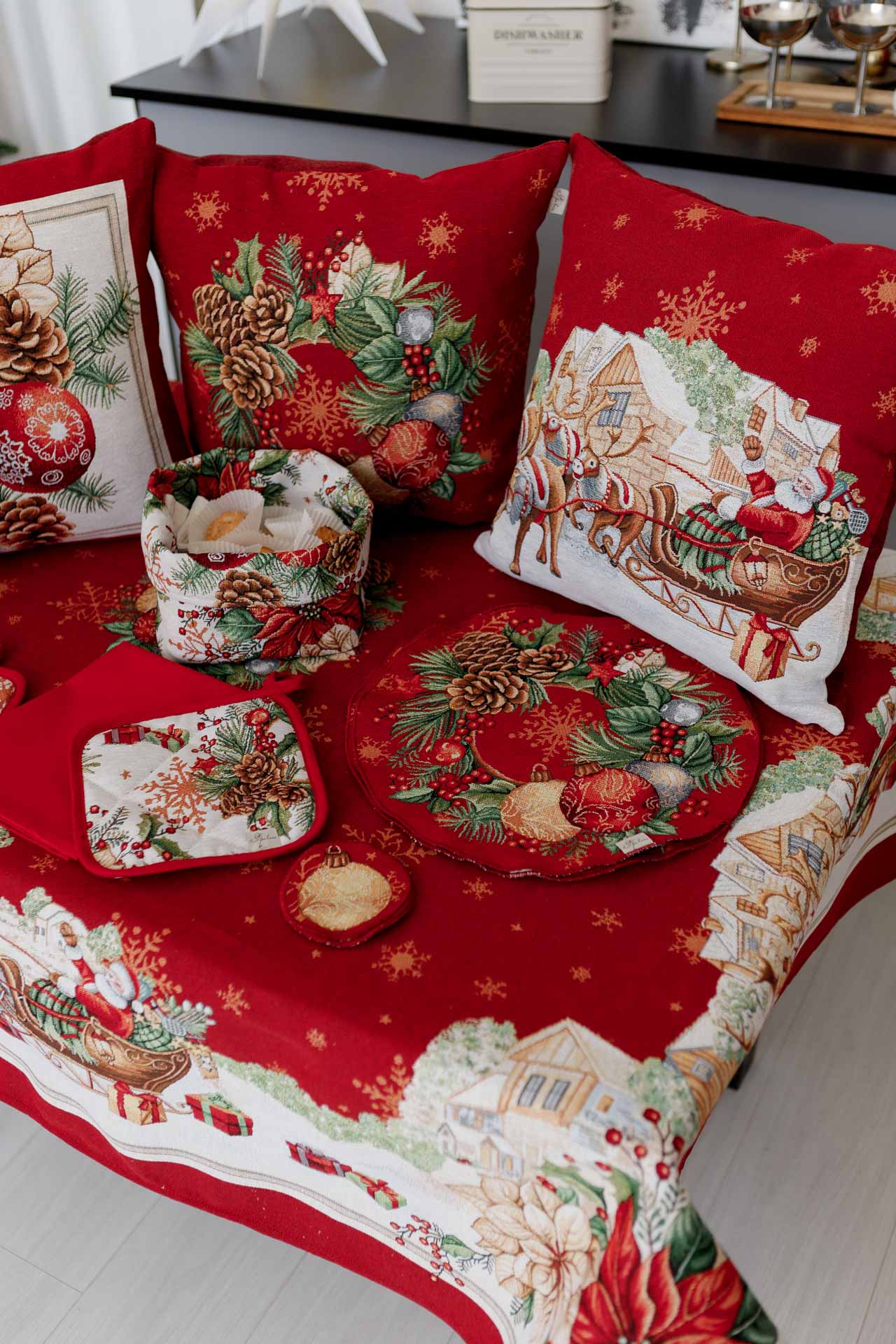 Holiday gift pillowcase with festive sleigh and presents design