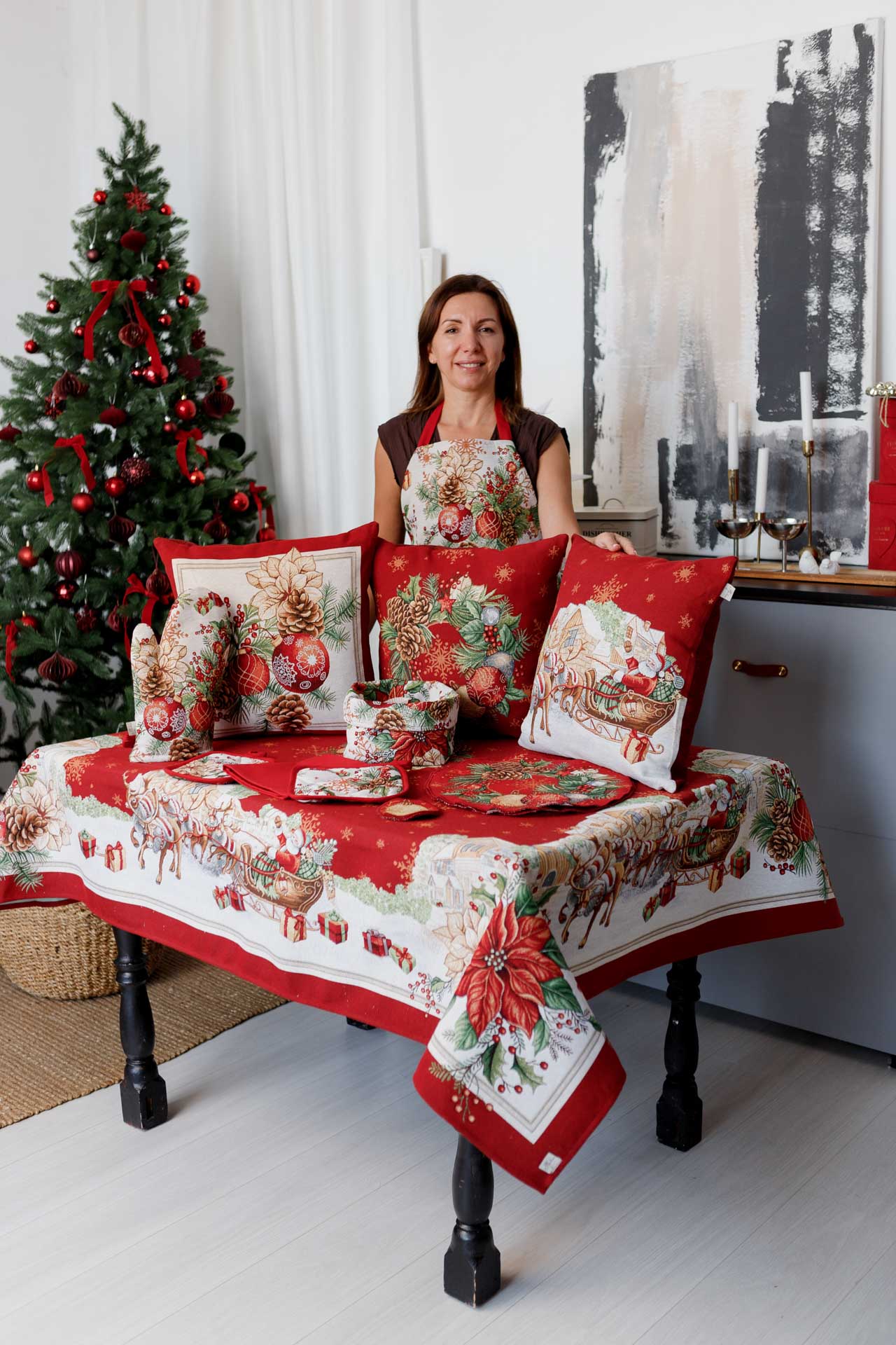 Holiday gift pillowcase with festive sleigh and presents design