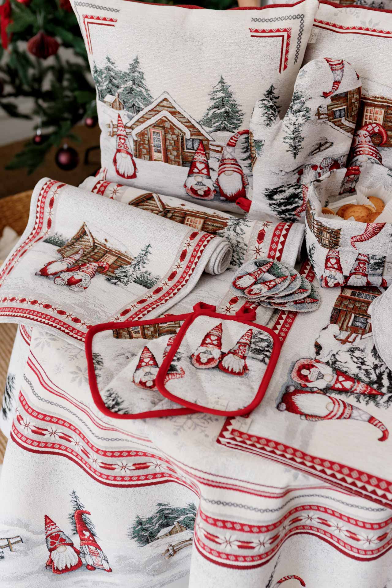 Holiday kitchen accessories with Christmas gnomes and winter forest design