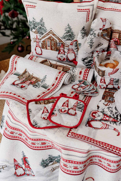 Holiday kitchen accessories with Christmas gnomes and winter forest design
