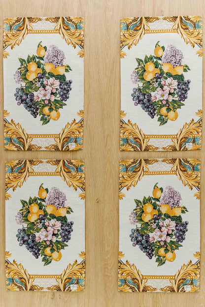 Italian Style Tapestry Placemats With Lemons, Grapes, Flowers, Gold Monogram Pattern | Luxury Home Decor, Living Room Textile, Gift Idea.
