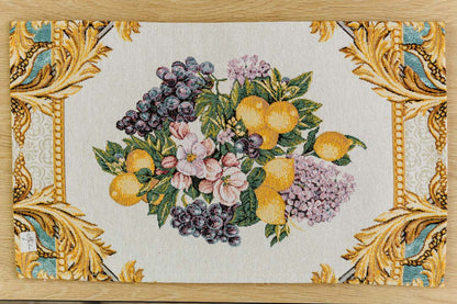 Italian Style Tapestry Placemats With Lemons, Grapes, Flowers, Gold Monogram Pattern | Luxury Home Decor, Living Room Textile, Gift Idea.