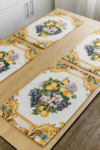 Italian Style Tapestry Placemats With Lemons, Grapes, Flowers, Gold Monogram Pattern | Luxury Home Decor, Living Room Textile, Gift Idea.