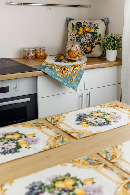 Italian Style Tapestry Placemats With Lemons, Grapes, Flowers, Gold Monogram Pattern | Luxury Home Decor, Living Room Textile, Gift Idea.