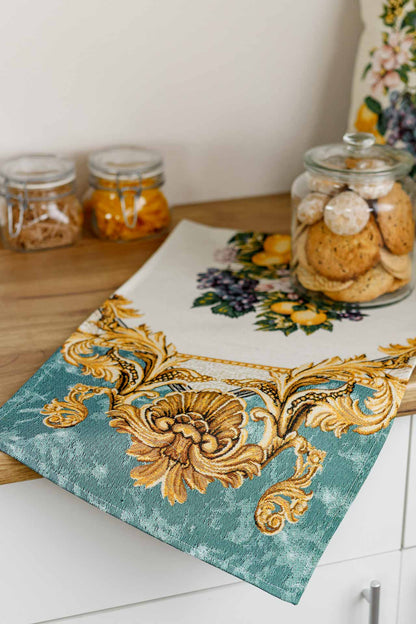 Italian Style Tapestry Placemats With Lemons, Grapes, Flowers, Gold Monogram Pattern | Luxury Home Decor, Living Room Textile, Gift Idea.