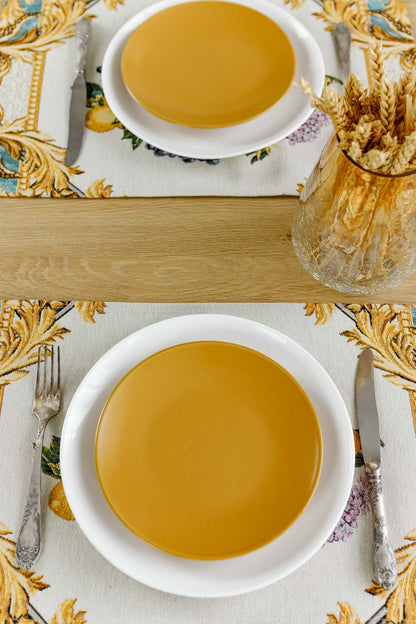 Italian Style Tapestry Placemats With Lemons, Grapes, Flowers, Gold Monogram Pattern | Luxury Home Decor, Living Room Textile, Gift Idea.