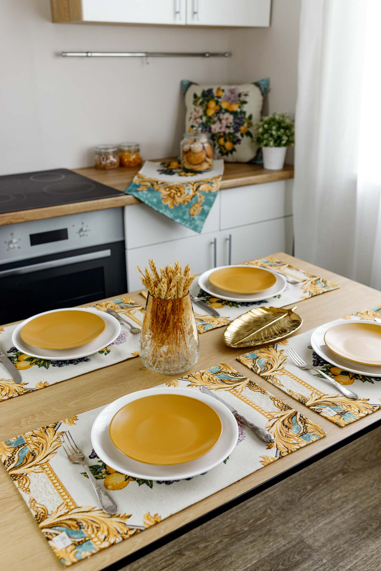 Italian Style Tapestry Placemats With Lemons, Grapes, Flowers, Gold Monogram Pattern | Luxury Home Decor, Living Room Textile, Gift Idea.