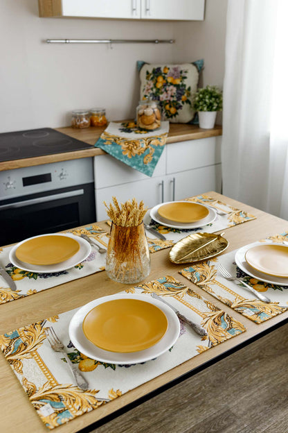 Italian Style Tapestry Placemats With Lemons, Grapes, Flowers, Gold Monogram Pattern | Luxury Home Decor, Living Room Textile, Gift Idea.