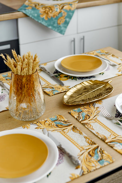 Italian Style Tapestry Placemats With Lemons, Grapes, Flowers, Gold Monogram Pattern | Luxury Home Decor, Living Room Textile, Gift Idea.