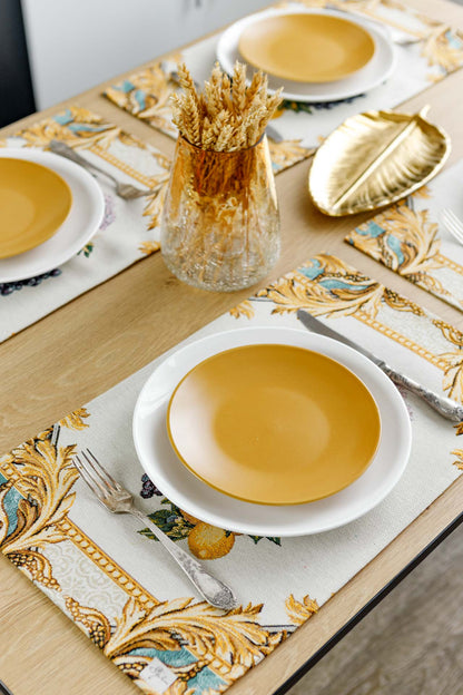 Italian Style Tapestry Placemats With Lemons, Grapes, Flowers, Gold Monogram Pattern | Luxury Home Decor, Living Room Textile, Gift Idea.