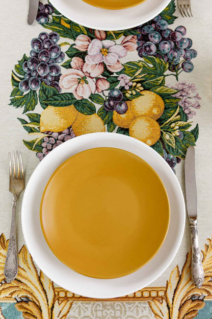 Italian Style Tapestry Placemats With Lemons, Grapes, Flowers, Gold Monogram Pattern | Luxury Home Decor, Living Room Textile, Gift Idea.