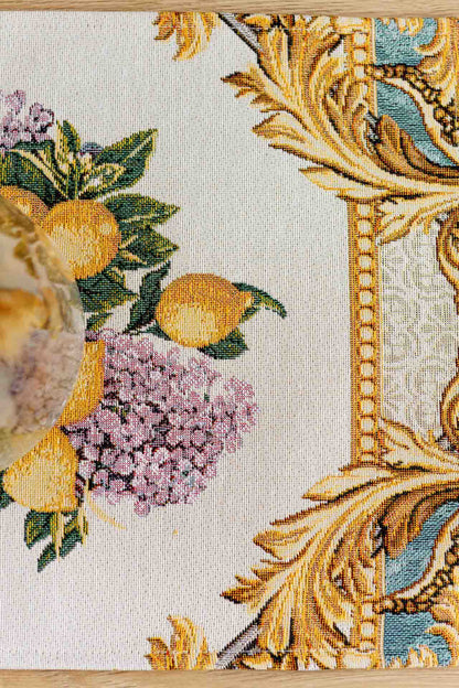Italian Style Tapestry Placemats With Lemons, Grapes, Flowers, Gold Monogram Pattern | Luxury Home Decor, Living Room Textile, Gift Idea.
