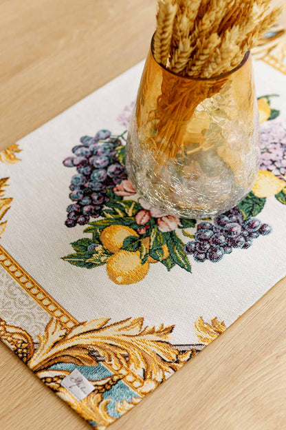 Italian Style Tapestry Placemats With Lemons, Grapes, Flowers, Gold Monogram Pattern | Luxury Home Decor, Living Room Textile, Gift Idea.