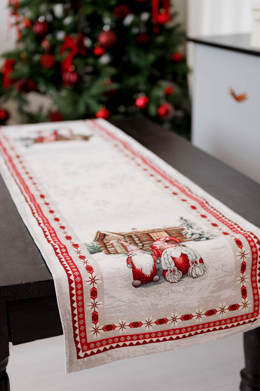Christmas Gnomes Tapestry Table Runner | Holiday Table Decor, Winter Design, Red & Silver Festive Table Linen