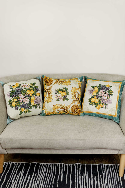 Green And Gold Tapestry Pillowcase With Lemons, Grapes, Flowers Pattern | Luxury Home Decor, Living Room Textile, Gift Idea