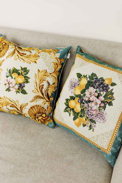 Green And Gold Tapestry Pillowcase With Lemons, Grapes, Flowers Pattern | Luxury Home Decor, Living Room Textile, Gift Idea