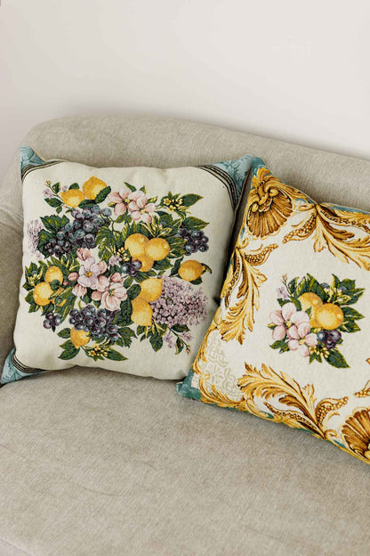 Green And Gold Tapestry Pillowcase With Lemons, Grapes, Flowers Pattern | Luxury Home Decor, Living Room Textile, Gift Idea