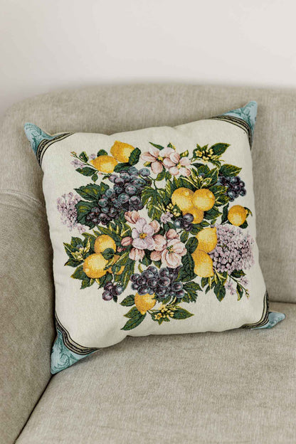 Green And Gold Tapestry Pillowcase With Lemons, Grapes, Flowers Pattern | Luxury Home Decor, Living Room Textile, Gift Idea