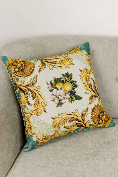 Green And Gold Tapestry Pillowcase With Lemons, Grapes, Flowers Pattern | Luxury Home Decor, Living Room Textile, Gift Idea