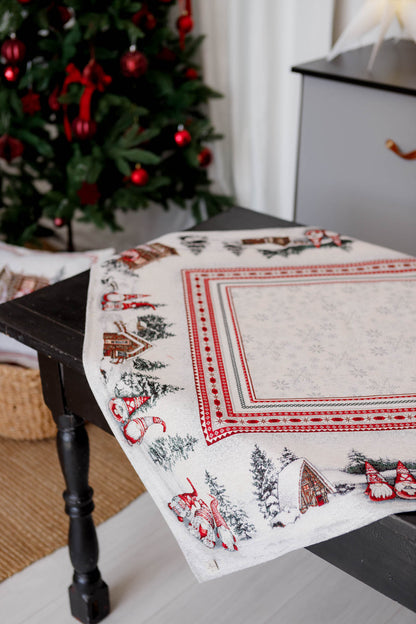 White Christmas Tapestry Tablecloth with Gnomes & Snowy Cottage | Festive Winter Table Decor