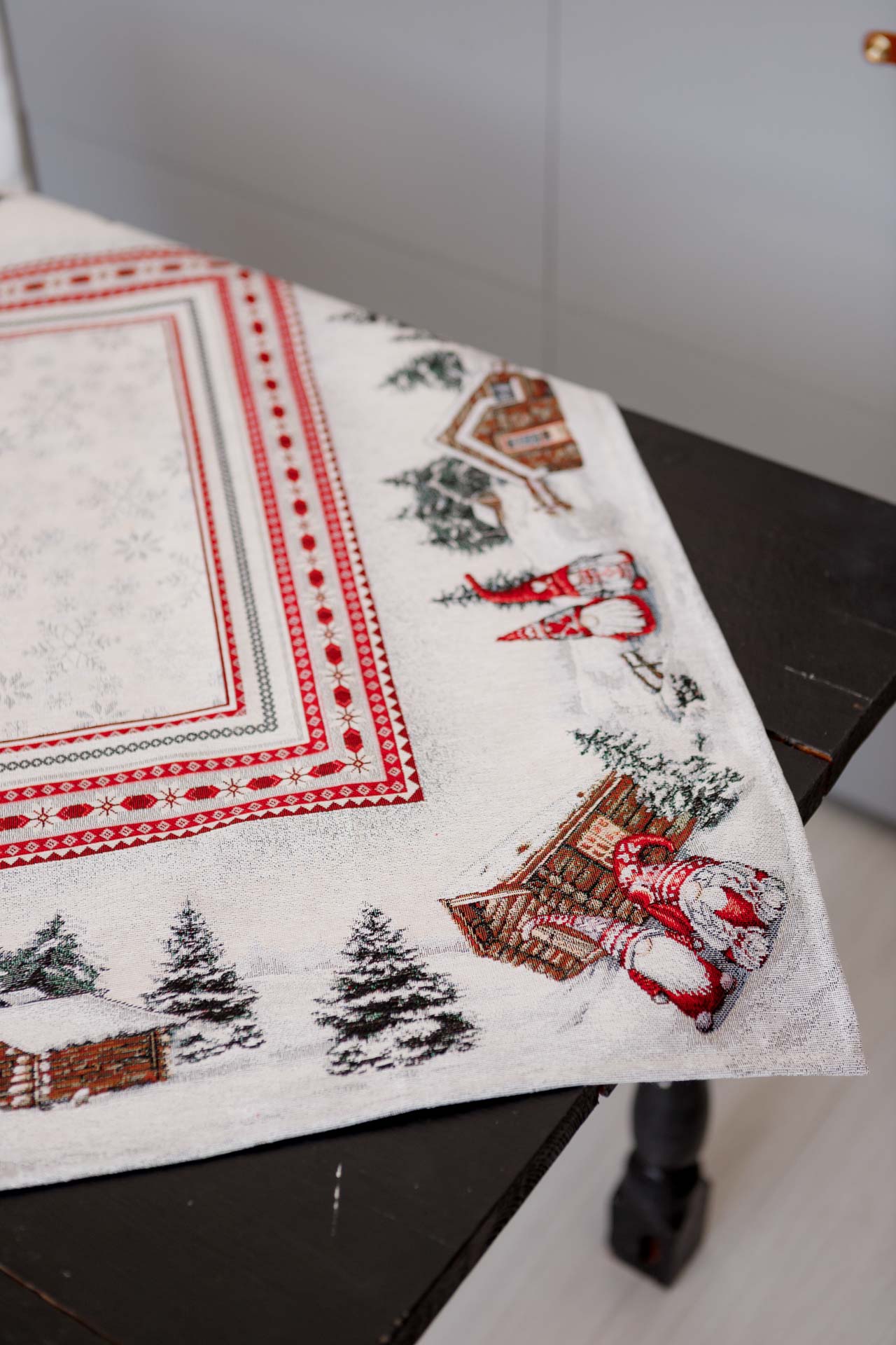 White Christmas Tapestry Tablecloth with Gnomes & Snowy Cottage | Festive Winter Table Decor