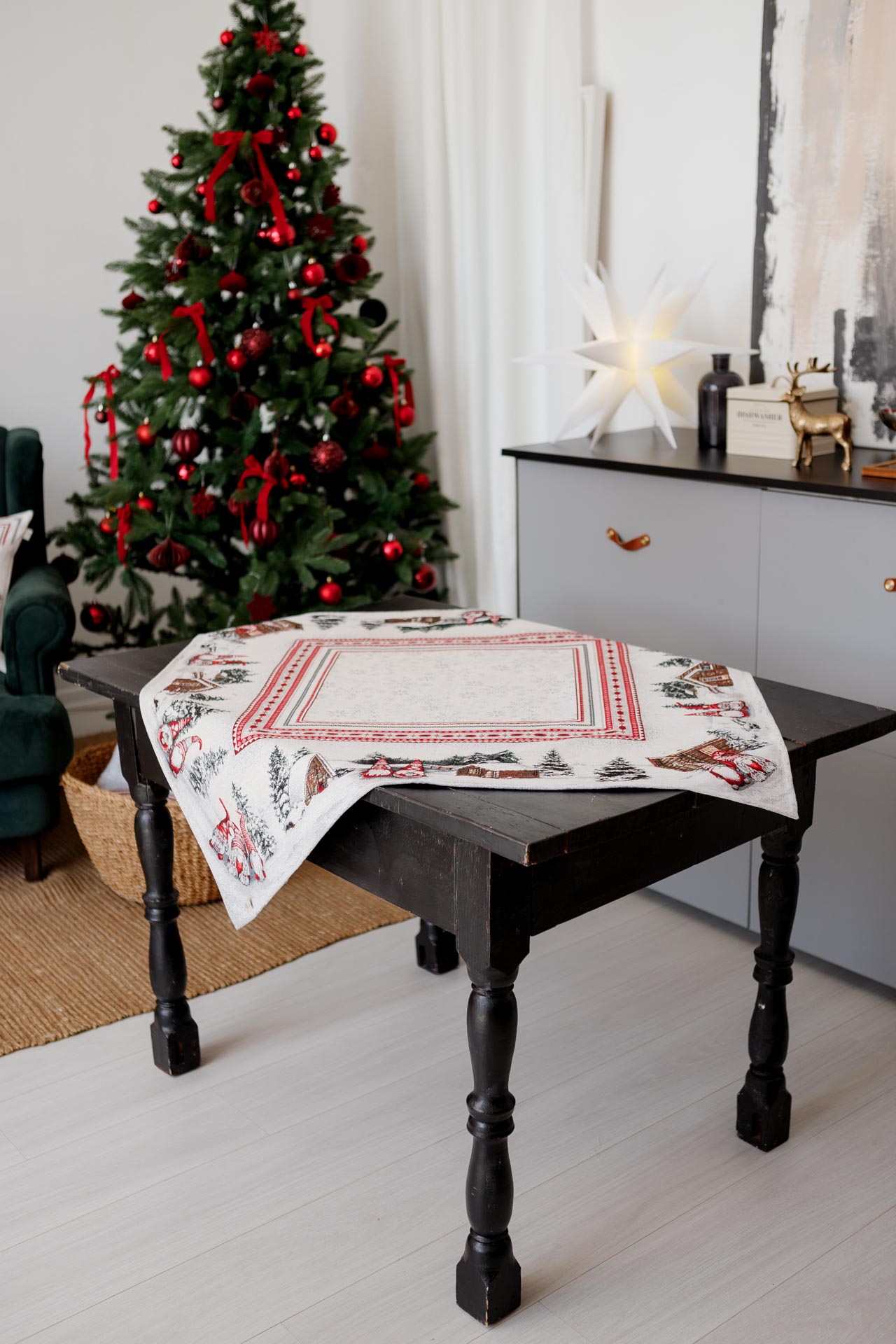 White Christmas Tapestry Tablecloth with Gnomes & Snowy Cottage | Festive Winter Table Decor