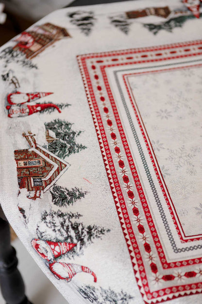 White Christmas Tapestry Tablecloth with Gnomes & Snowy Cottage | Festive Winter Table Decor