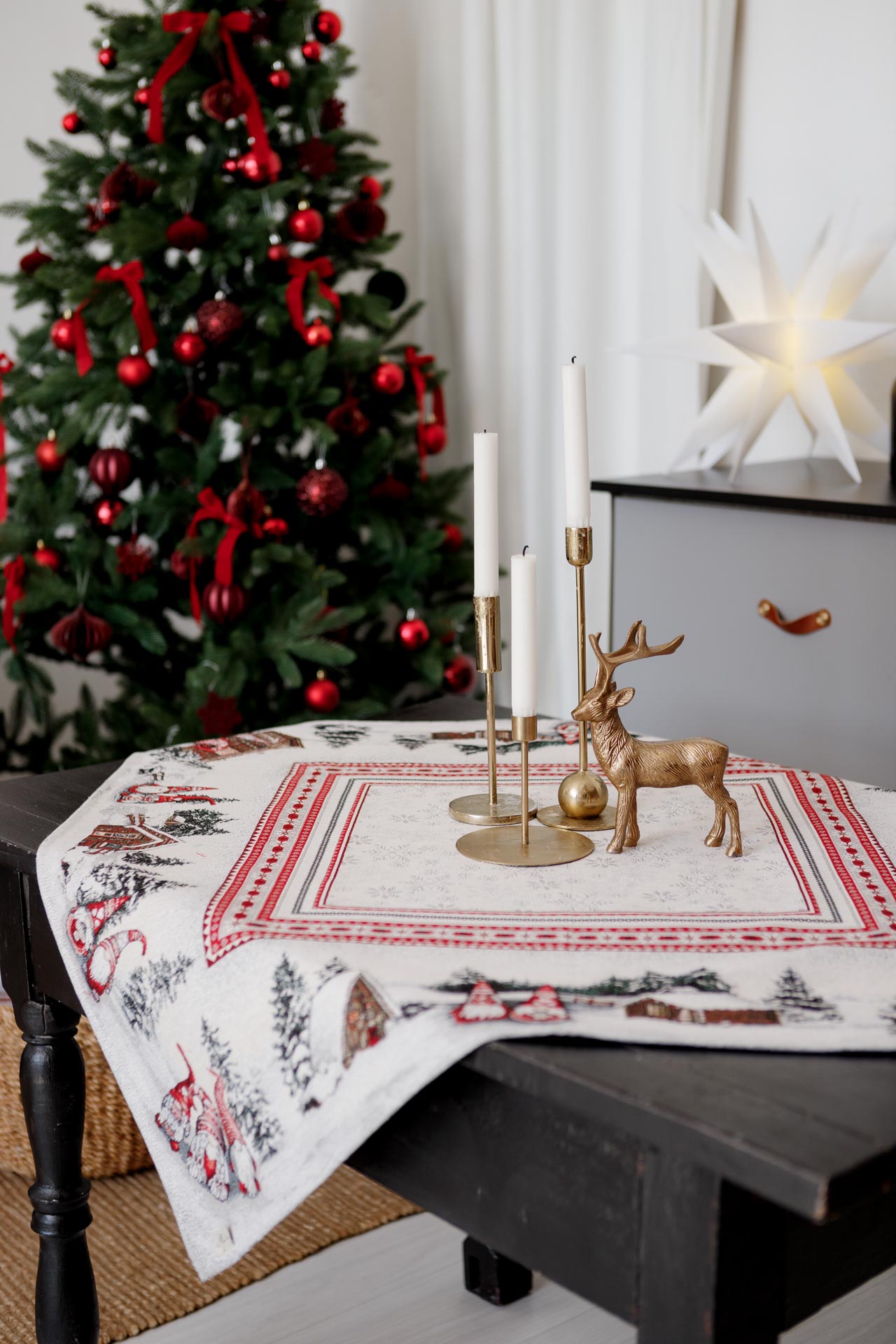 White Christmas Tapestry Tablecloth with Gnomes & Snowy Cottage | Festive Winter Table Decor