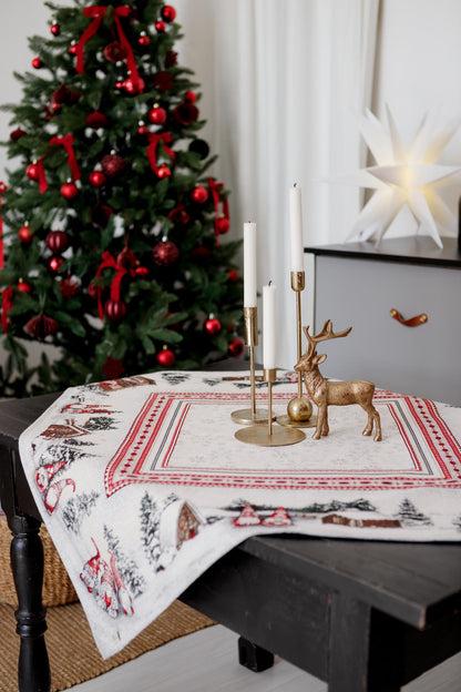 White Christmas Tapestry Tablecloth with Gnomes & Snowy Cottage | Festive Winter Table Decor
