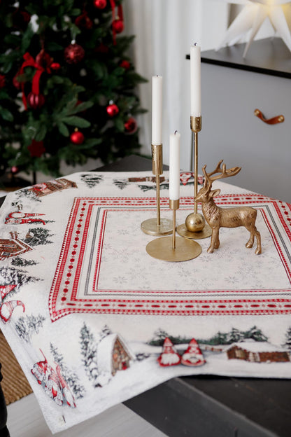 White Christmas Tapestry Tablecloth with Gnomes & Snowy Cottage | Festive Winter Table Decor