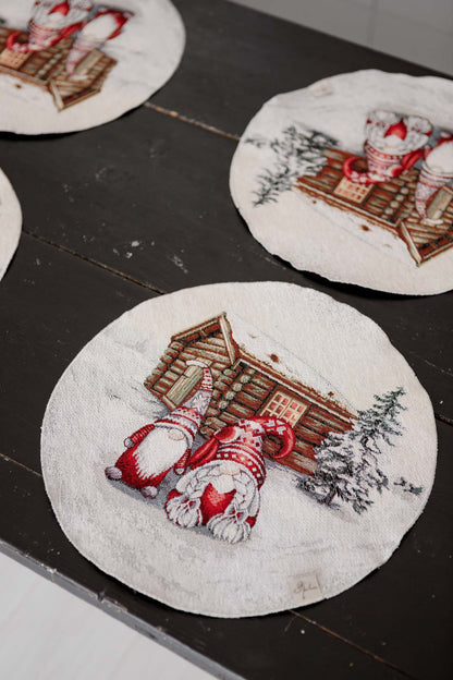 Set of Four Round Silver Christmas Tapestry Placemats With Gnomes | Snowy Cottage Holiday Table Decor