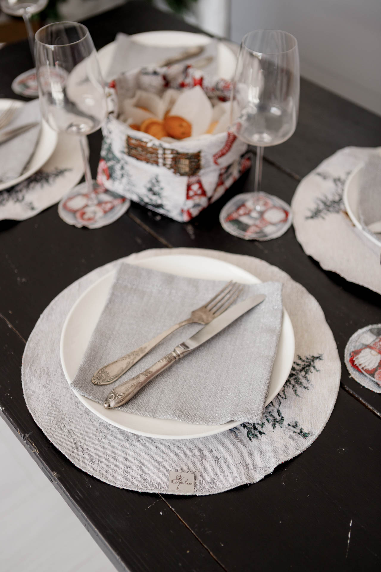 Set of Four Round Silver Christmas Tapestry Placemats With Gnomes | Snowy Cottage Holiday Table Decor