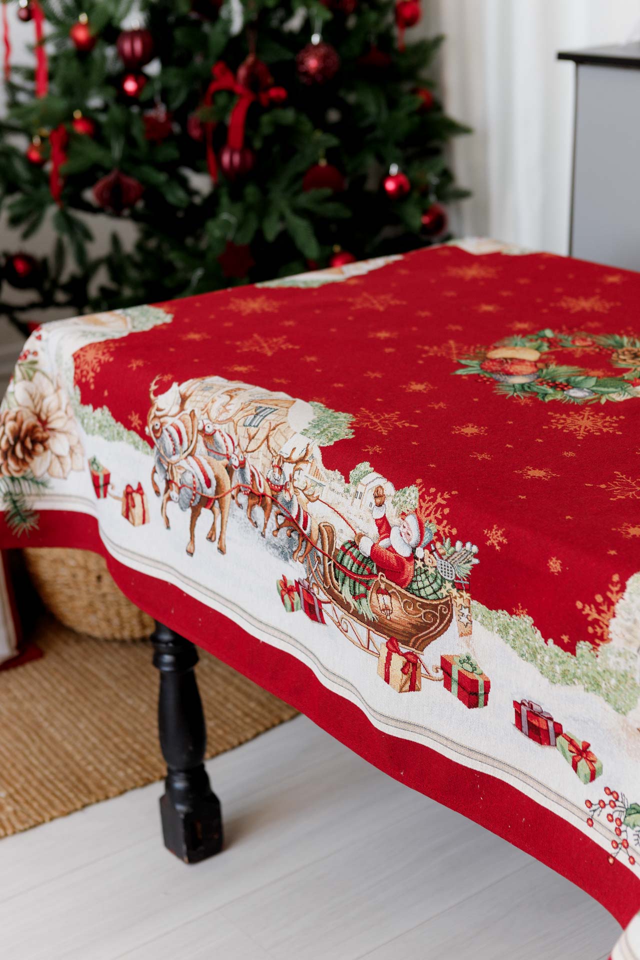 Red Christmas Santa Tapestry Tablecloth | Holiday Table Decor